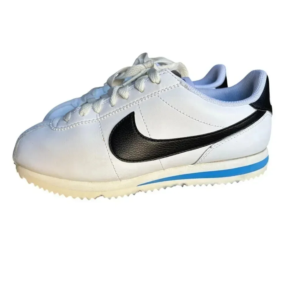 Nike Cortez women’s sneakers, US size 7.5, UK size 5, white, black, and blue